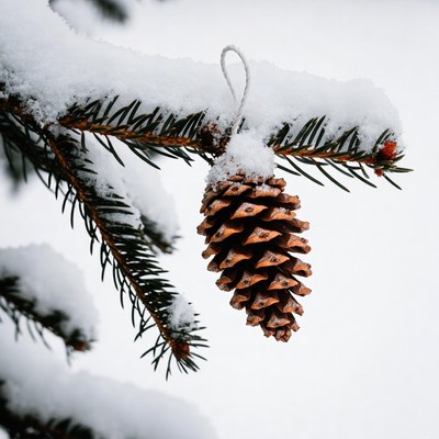 Snowy pine cone hanging on a tree
