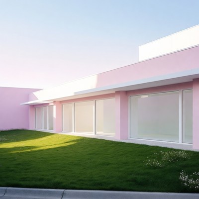 Modern building with pink facade and grass