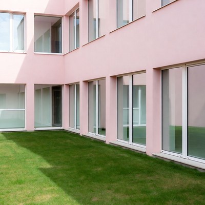 Courtyard with pink walls and glass doors
