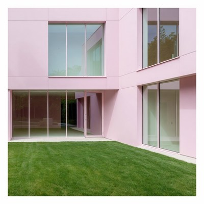 Modern building with pink facade and garden
