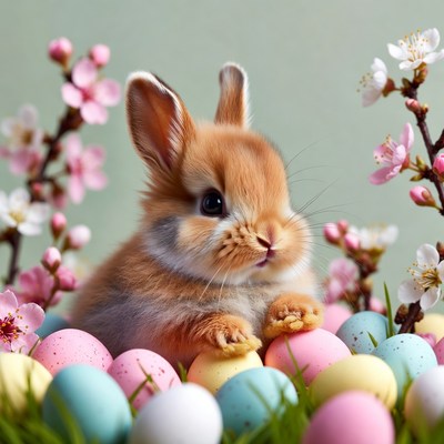 Cute rabbit with colorful eggs and flowers