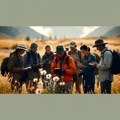 Group of hikers studies plants in nature
