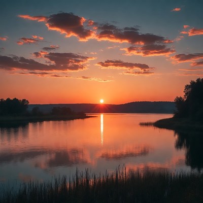 Sunset over calm water landscape