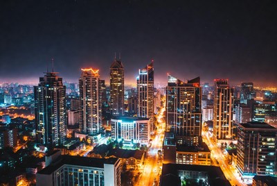 City skyline at night with lights