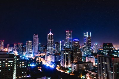 City skyline lit at night