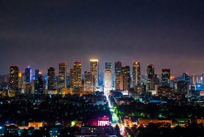 City skyline glows at night
