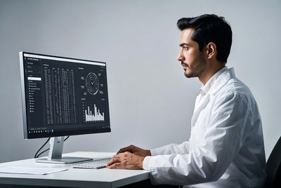 Researcher works at computer desk