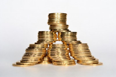 Stacked coins arranged in pyramid shape