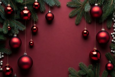 Red ornaments and greenery display