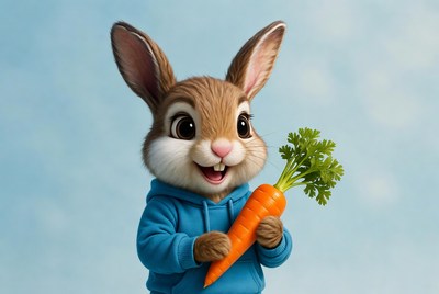 Happy rabbit holding carrot in blue hoodie