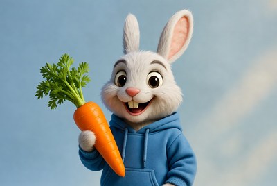 Happy rabbit holds carrot outdoors