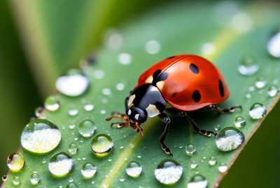 Ladybug on a leaf with water droplets