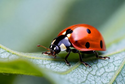 Ladybug on green leaf in sunlight