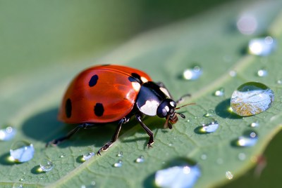 Ladybug on leaf with water drops