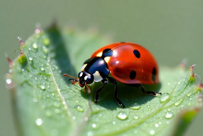 Ladybug on green leaf in nature