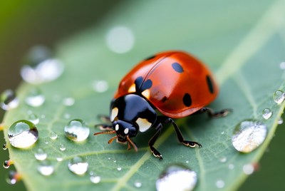Ladybug on leaf with raindrops