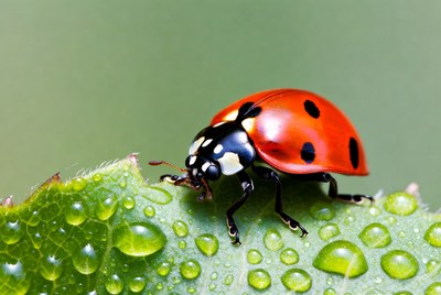 Ladybug on a wet leaf