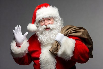 Santa claus waves with a sack