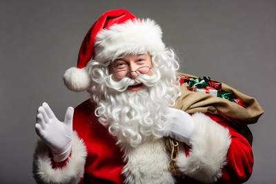 Santa claus waves with gift sack