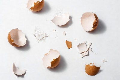 Eggshells scattered on white surface