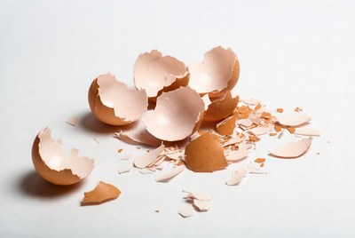 Eggshells scattered on white surface