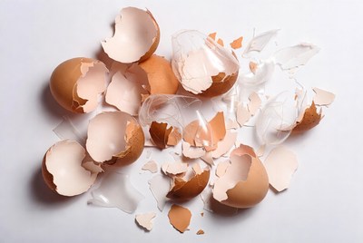 Broken eggshells scattered on surface