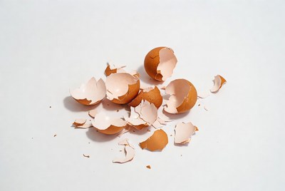 Brown eggshells on a white surface