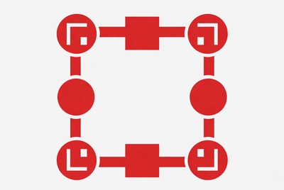Simple design with red shapes and symbols