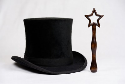 Magician hat and wand on white backdrop