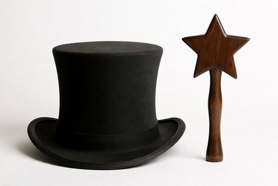 Magician hat and wand on display