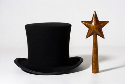 Magician hat and wand on white background