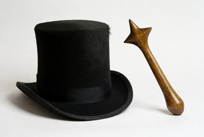 Black top hat and wooden wand on white