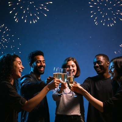 Friends celebrate with drinks at night