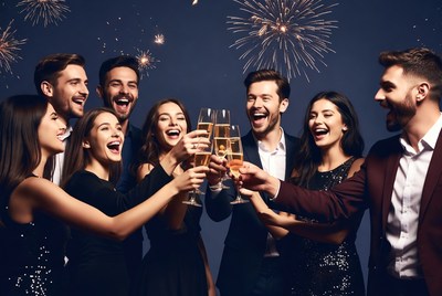 Friends celebrating with drinks and fireworks