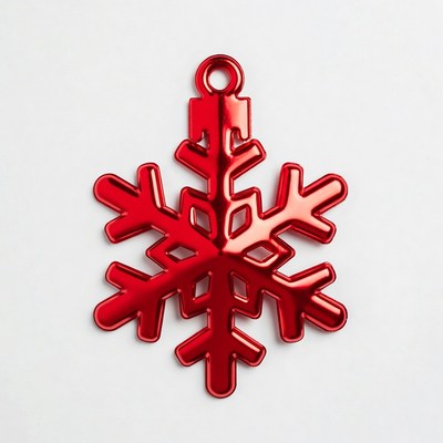 Red snowflake ornament hanging on white background