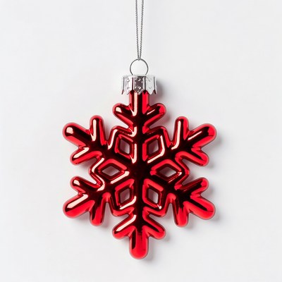 Red snowflake ornament hanging on string