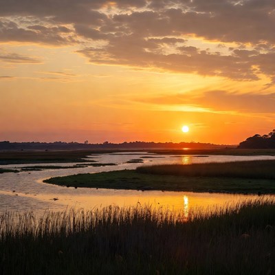 Sunset over marshland landscape