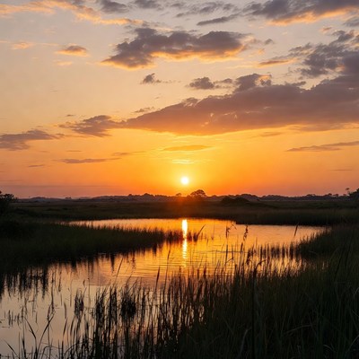 Sunset over the marshland at dusk