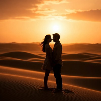 Couple embracing in desert sunset