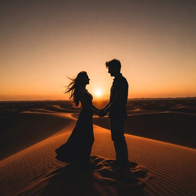 Couple holds hands in desert at sunset