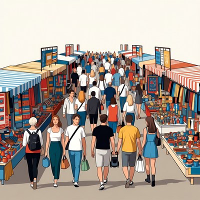 Crowd at open-air market in summer