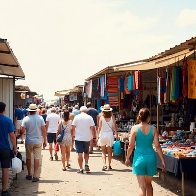 Crowds explore market stalls under sun