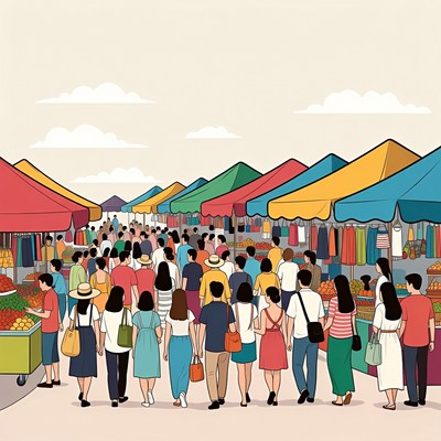 Busy market scene with many people