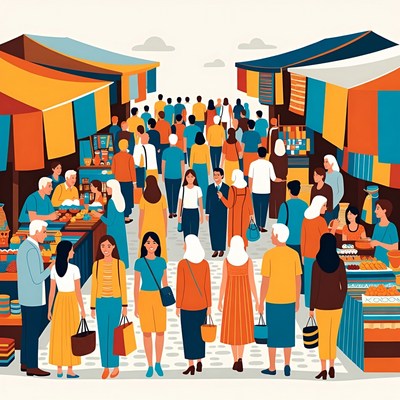 Marketplace scene with shoppers and vendors