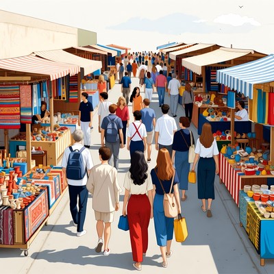 Busy market day with shoppers walking