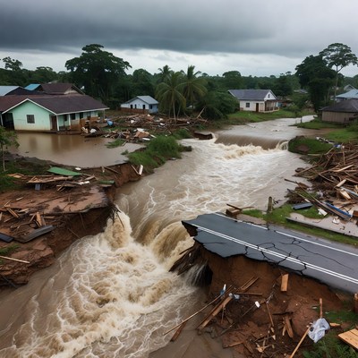 Flood damage in rural area with destroyed homes