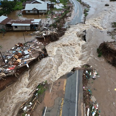 Flooding after heavy rainfall in rural area
