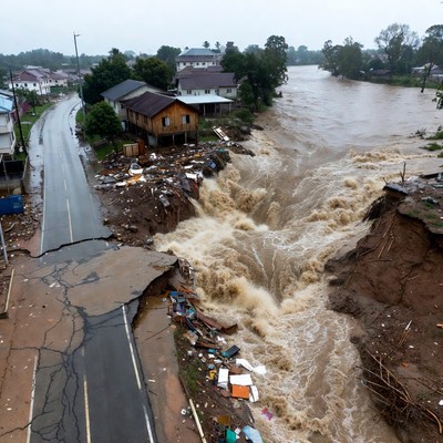 River floods cause road damage in town