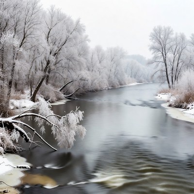 Winter river scene with frost and trees
