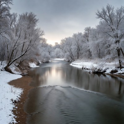 Winter river with snow and trees